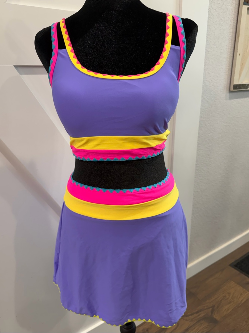 Popvil 3-Piece Neon Color Block Bikini Set with Skirt NWT